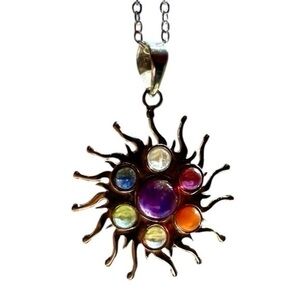 Sterling Silver Necklace Sunburst with Multicolored Gemstones: Amethyst & More